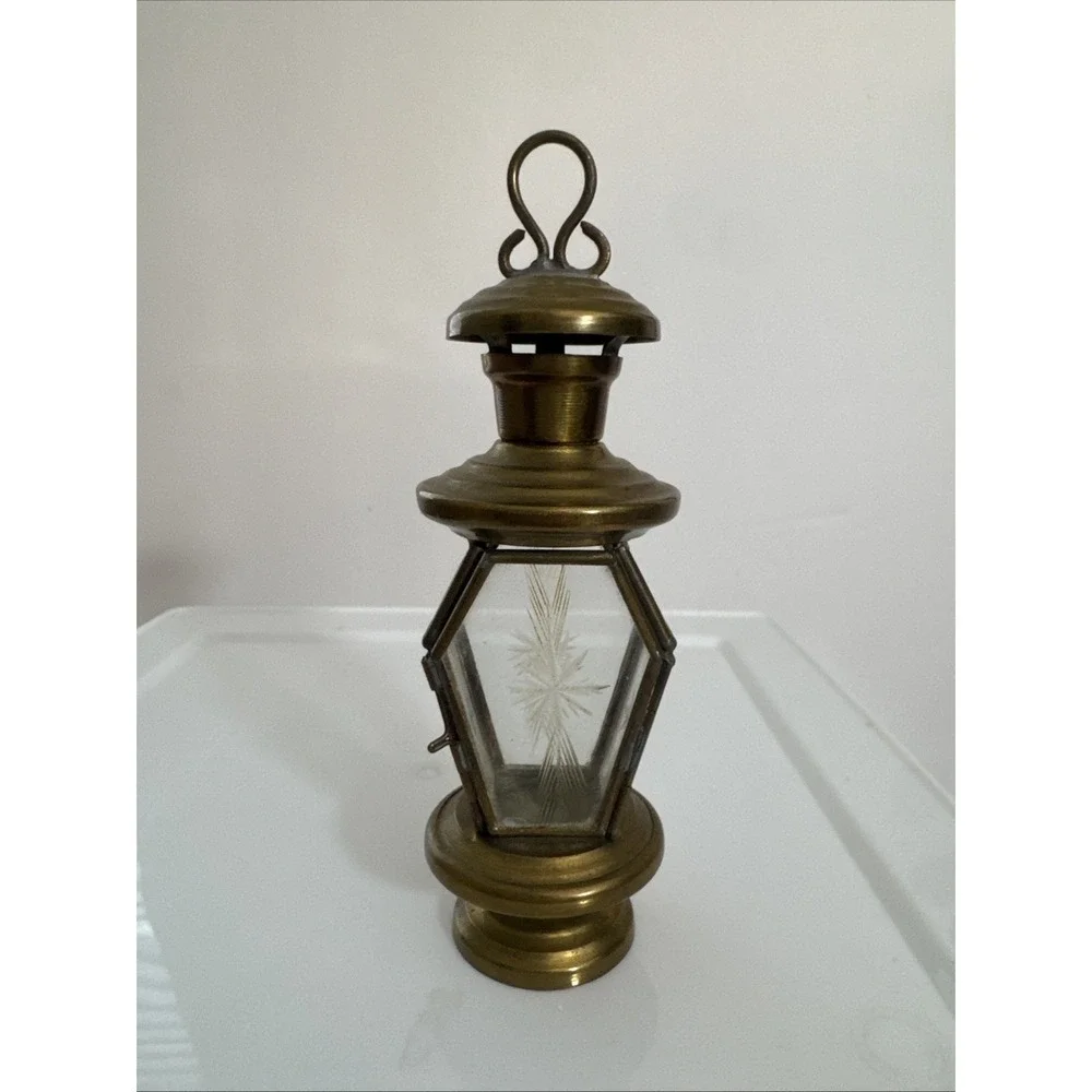 Vintage Miniature Brass Lantern Etched Glass Opening Door 4.5